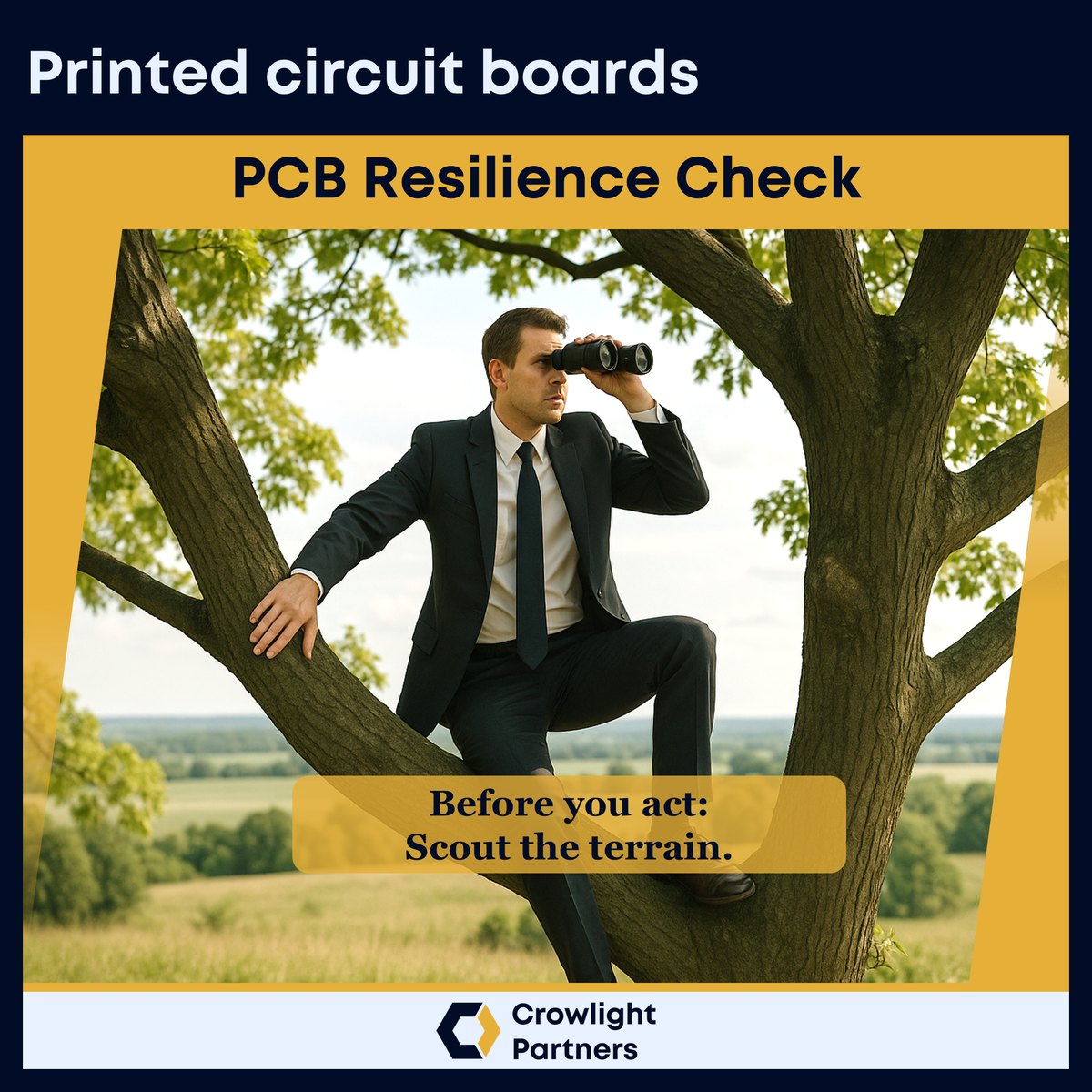 Man in a suit sits in a tree with binoculars. Title slide: PCB Resilience Check, Before you act: Scout the terrain.